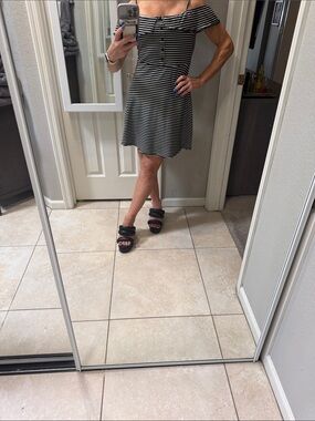 Topshop Black and White Striped Off-Shoulder Dress